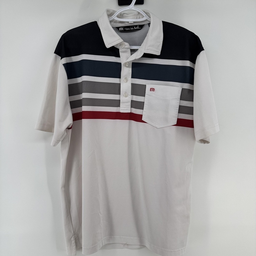 TravisMathew Polo Shirt Mens Large Beige Striped Golf Pocket Moisture Wicking